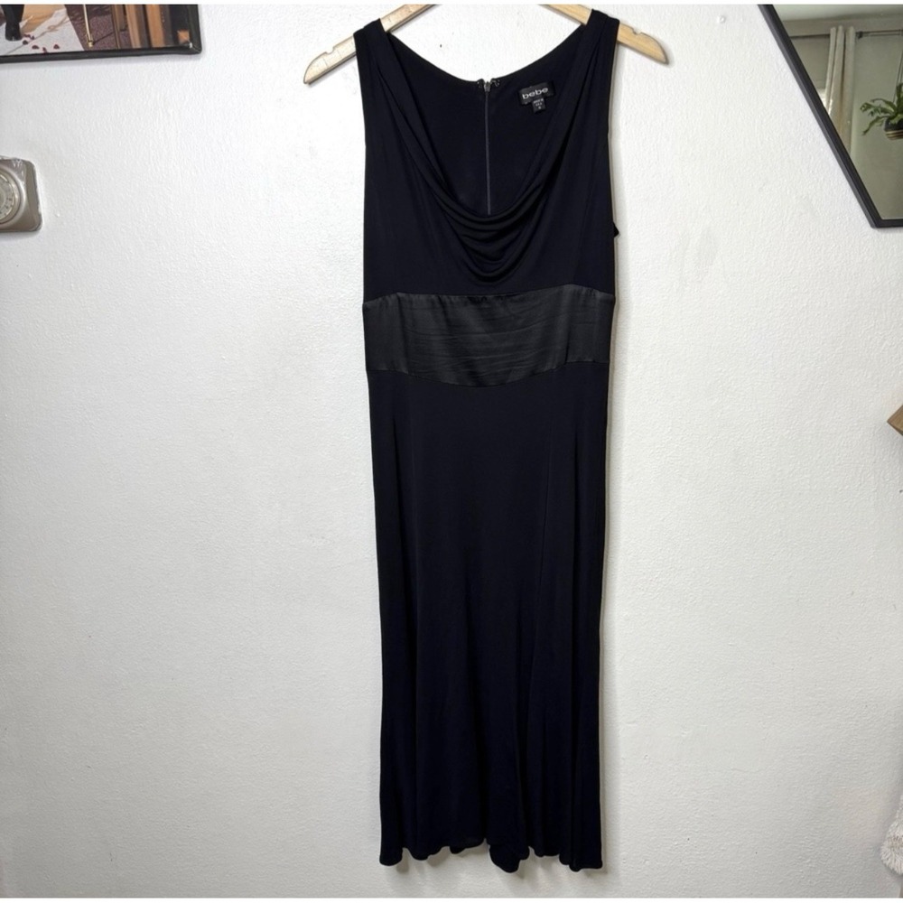 Y2K Bebe Drape Neck Dress Womens Medium Black Sleeveless Rayon Silk Formal Prom